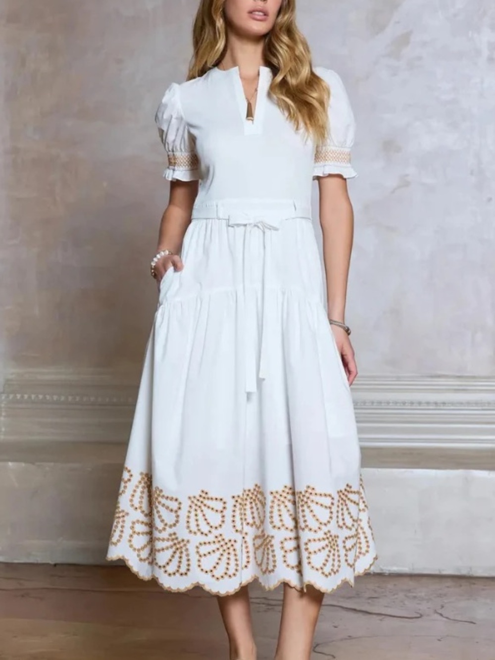NWT Anthropologie Current Air White Midi Dress with Embroidered Hem